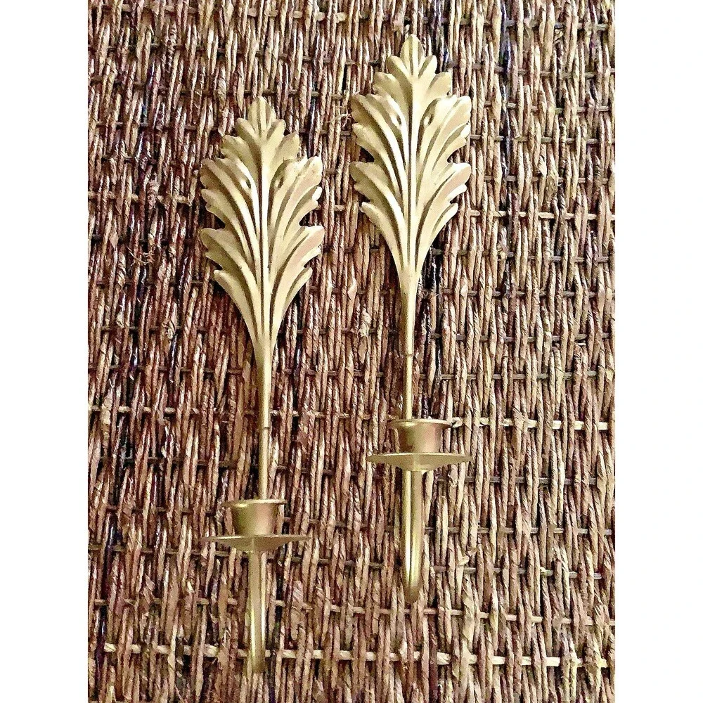 Vtg Metal Acanthus Leaf MCM Wall Candle Sconces Pair Gold Hollywood Regency 15